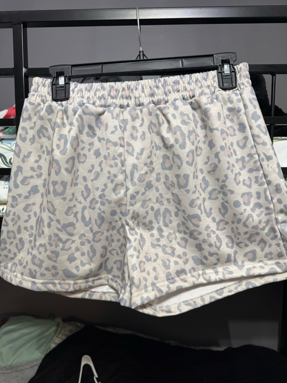 SHEIN Cream and Gray Leopard Print Elastic Waist Athletic Shorts